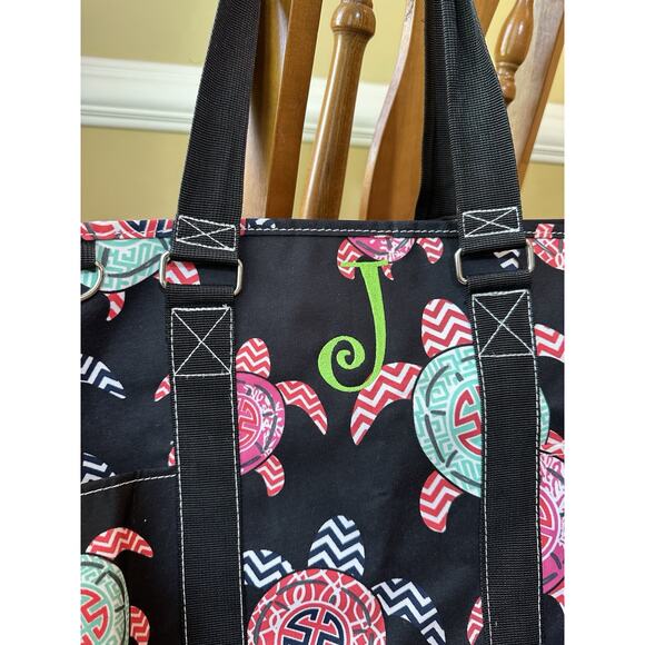 Turtle Tote Bag by N. Gil Large Black Water Resistant Top Zip, pockets Intial J - Picture 2 of 15